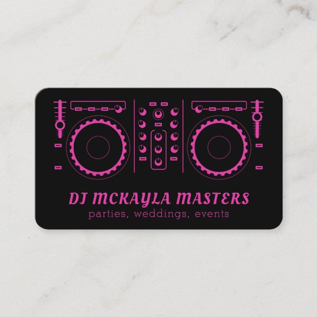 Girly DJ Disc Jockey Neon Pink & Black Turntable Business Card (Front)