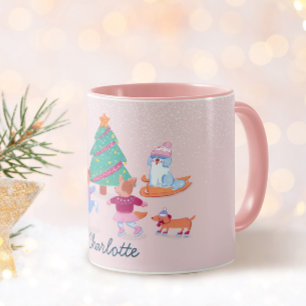Girly Dogs Ice Skating Blush Pink Christmas Name Mug