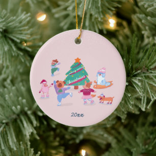 Girly Dogs Ice Skating Blush Pink Christmas Photo Ceramic Tree Decoration