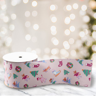 Girly Dogs Ice Skating Pattern Blush Pink Grosgrain Ribbon