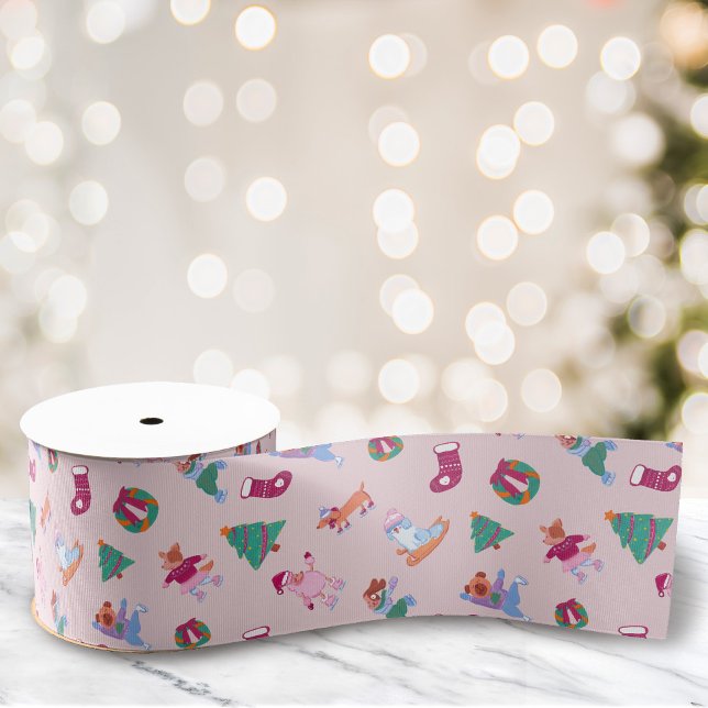 Girly Dogs Ice Skating Pattern Blush Pink Grosgrain Ribbon (Creator Uploaded)