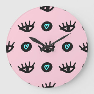 Girly Doodle: Eyes Hearts Seamless. Large Clock
