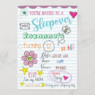 Girly Doodle Sleepover/Birthday Invitation