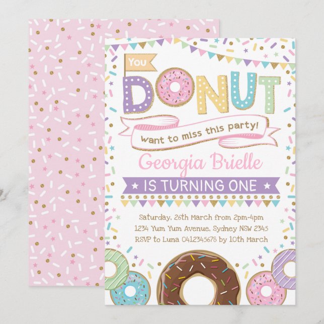 Girly Doughnut Invitation Doughnut Birthday (Front/Back)