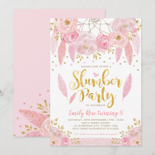Girly Dreamcatcher Pink Gold Floral Slumber Party Invitation