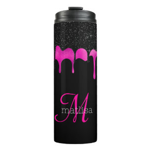Girly Dripping Glitter Black & Hot Pink Monogram  Thermal Tumbler