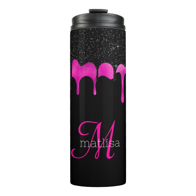 Girly Dripping Glitter Black & Hot Pink Monogram  Thermal Tumbler (Front)