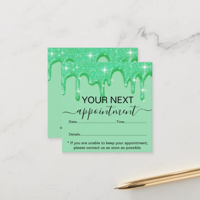 Girly Dripping Green Glitter Appointment  Card (Front/Back In Situ)