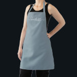 Girly dusty blue custom script name monogram chic apron<br><div class="desc">Personalised dusty blue custom modern script name text monogram solid plain colour girly stylish elegant chic dusty blue and white text kitchen Apron. Customise,  personalise it with name,  quote,  phrase,  or text.
Great for cooks,  chefs,  pottery,  ceramics,  crafts,  work,  kitchen,  baking,  bbq,  grill,  etc</div>