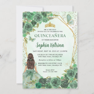 Girly Dusty Green Gold Floral Princess Quinceañera Invitation