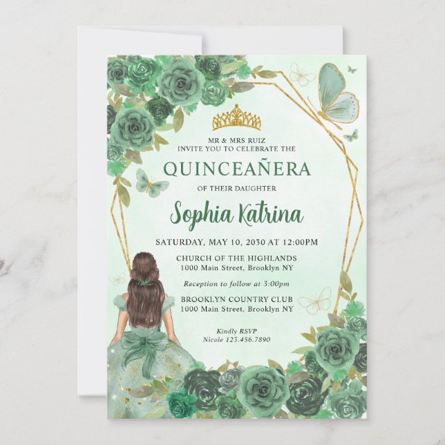 Girly Dusty Green Gold Floral Princess Quinceañera Invitation (Front)