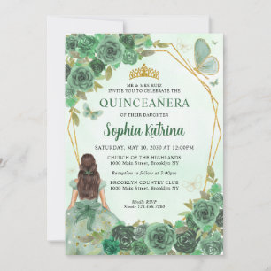 Girly Dusty Green Gold Floral Princess Quinceañera Invitation
