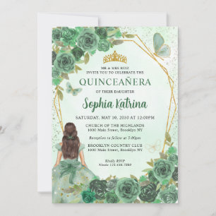 Girly Dusty Green Gold Floral Princess Quinceañera Invitation