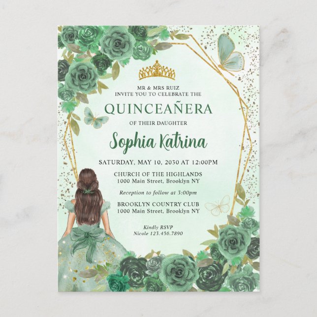 Girly Dusty Green Gold Floral Princess Quinceañera Invitation Postcard (Front)