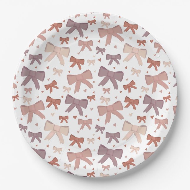 Girly Dusty Pink Bows And Little Hearts  Paper Plate (Front)