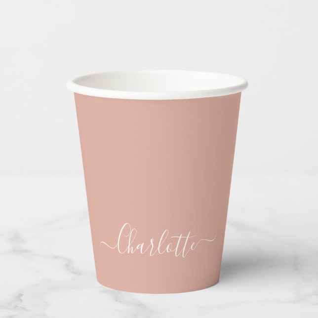 Girly dusty pink custom script name elegant chic paper cups (Front)