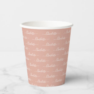 Girly dusty pink custom script name pattern chic paper cups