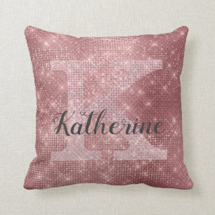 Girly Dusty Pink Rose Gold Sparkle Monogram Name Cushion