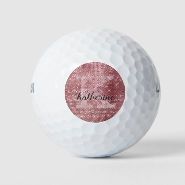 Girly Dusty Rose Gold Cool Diamond Monogram Name Golf Balls (Front)