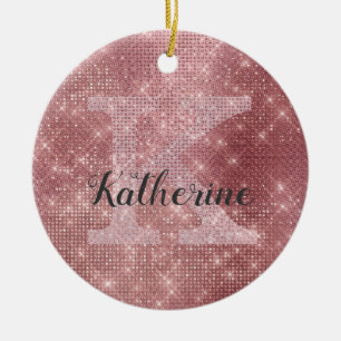 Girly Dusty Rose Gold Glam Sparkle Monogram Name Ceramic Tree Decoration