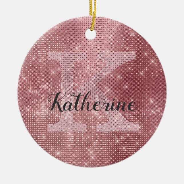 Girly Dusty Rose Gold Glam Sparkle Monogram Name Ceramic Tree Decoration (Front)
