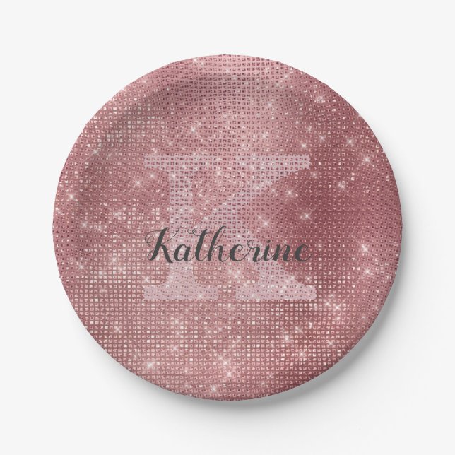 Girly Dusty Rose Gold Glam Sparkle Monogram Name Paper Plate (Front)