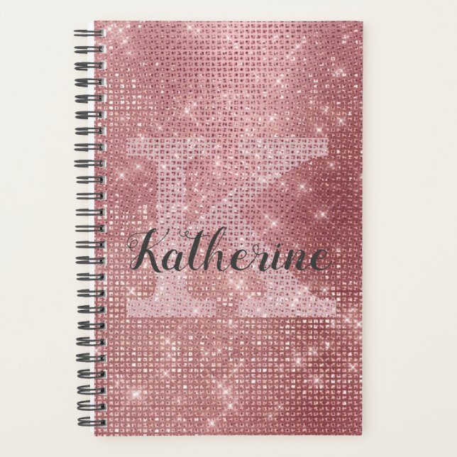 Girly Dusty Rose Gold Pink Diamond Monogram Name Planner (Front)