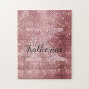 Girly Dusty Rose Gold Sparkle Chic Monogram Name Jigsaw Puzzle