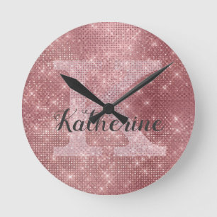 Girly Dusty Rose Gold Sparkle Glam Monogram Name Round Clock