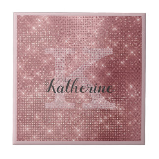 Girly Dusty Rose Gold Sparkle Glam Monogram Name Tile