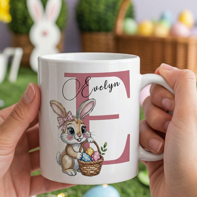 Girly Easter Basket Rabbit Custom Name Easter Gift Coffee Mug (Creator Uploaded)