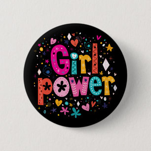 Girly Eclectic Flower Girl Power Black Button