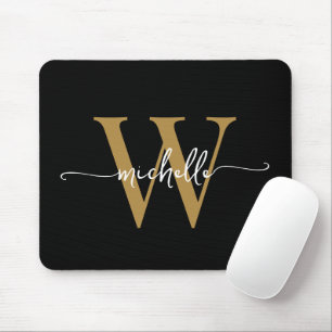 Girly Elegant Black Gold Monogram Name Script Mouse Mat