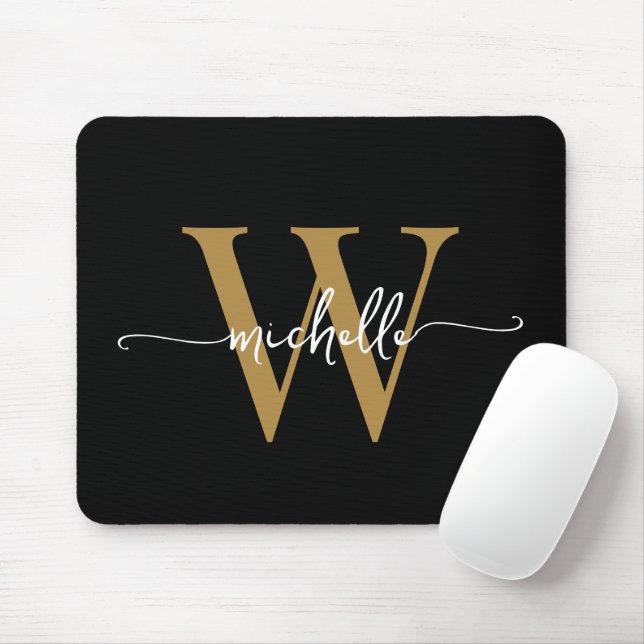 Girly Elegant Black Gold Monogram Name Script Mouse Mat (With Mouse)