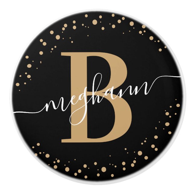 Girly Elegant Black Gold Name Monogram Script Ceramic Knob (Front)