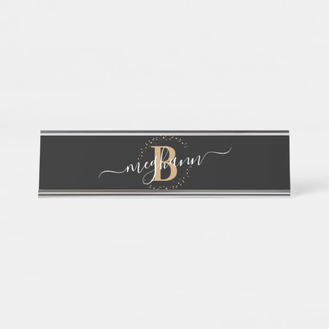 Girly Elegant Black Gold Name Monogram Script Desk Name Plate (Front)
