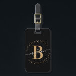 Girly Elegant Black Gold Name Monogram Script Luggage Tag<br><div class="desc">Girly,  minimalist,  simple,  modern,  black and gold monogram initial name script custom personalised monogrammed luggage tag. Featuring a monogram initial and a girly name signature script in a hand-written calligraphy font with swash tails and dotted circle frame around your monogram.</div>