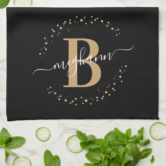 Girly Elegant Black Gold Name Monogram Script Tea Towel (Folded)