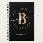 Girly Elegant Black Gold Name Monogrammed Planner<br><div class="desc">Girly, modern, trendy, elegant, black and gold monogram initial name script custom personalised monogrammed 2024 or any year planner. Featuring a monogram initial and a girly name script in a hand lettered calligraphy swash tail font and dotted circle frame around your name. Perfect feminine gift for girlfriend, sister, mother, birthday,...</div>