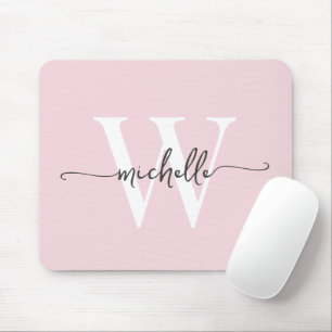 Girly Elegant Blush Pink Monogram Name Script Mouse Mat
