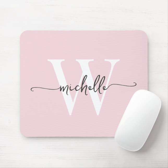 Girly Elegant Blush Pink Monogram Name Script Mouse Mat (With Mouse)