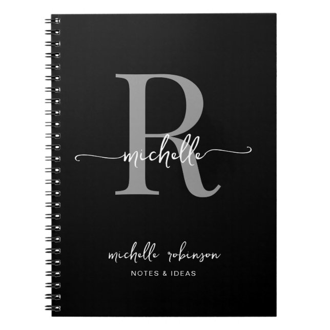 Girly Elegant Chic Black Grey Script Monogram Name Notebook (Front)