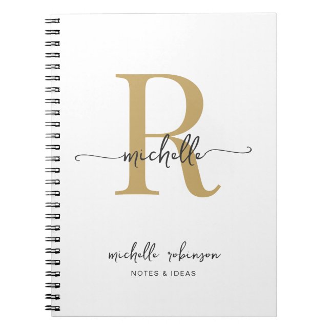 Girly Elegant Chic White Gold Script Monogram Name Notebook (Front)