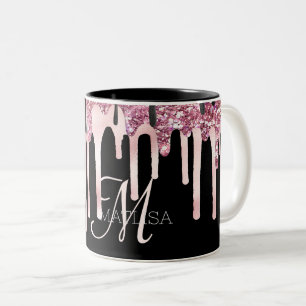 Girly Elegant Dripping Monogram Black Pink Name  Two-Tone Coffee Mug