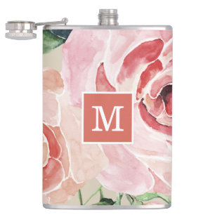 Girly Elegant Floral Watercolor Monogrammed Flask