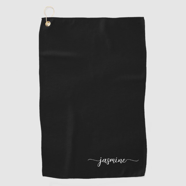 Girly Elegant Minimal Black Monogram Name Script Golf Towel (Front)