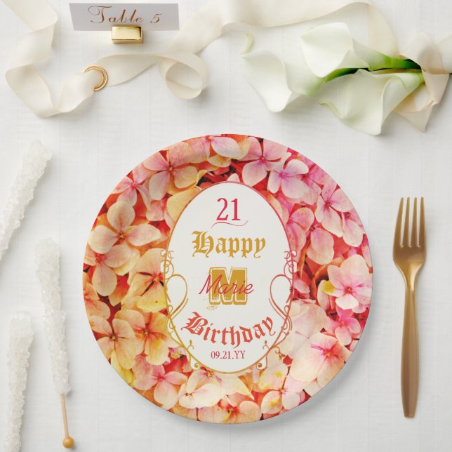 Girly Elegant Modern Floral 21st Birthday Party Paper Plate (Wedding)