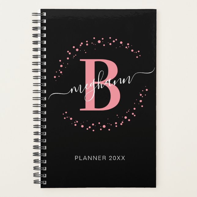 Girly Elegant Pink Black Name Monogrammed 2023 Planner (Front)