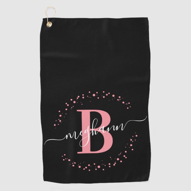 Girly Elegant Pink Black Name Monogrammed Script Golf Towel (Front)