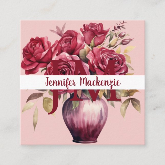 Girly Elegant Pink Burgundy Red Roses Square Business Card (Front)